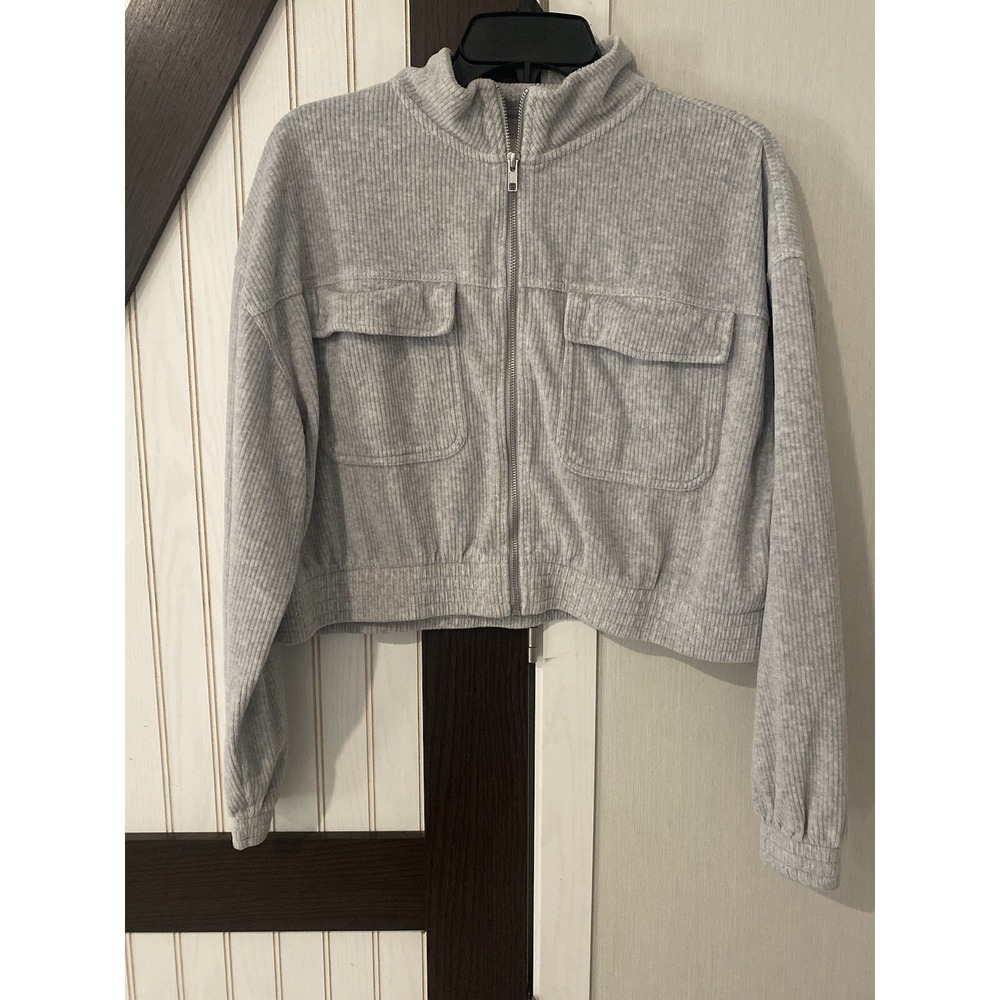 Aerie Cropped Full Zip Jacket Women's Large Gray Ribbed Cotton Blend